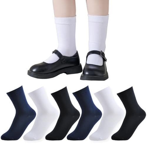 EPEIUS Kids Crew Socks School Socks for Boys Girls Uniform Seamless Socks Toddler Dress Socks White Navy Black 6 Pack 8-11 Years Old L