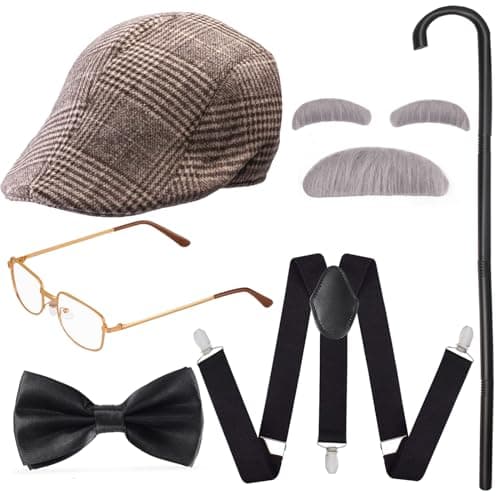 Yewong 1920s Mens Gatsby Gangster Costume Old Man Fancy Dress Costume Grandpa Accessories Set with Newsboy Hat (Coffee Hat-C)
