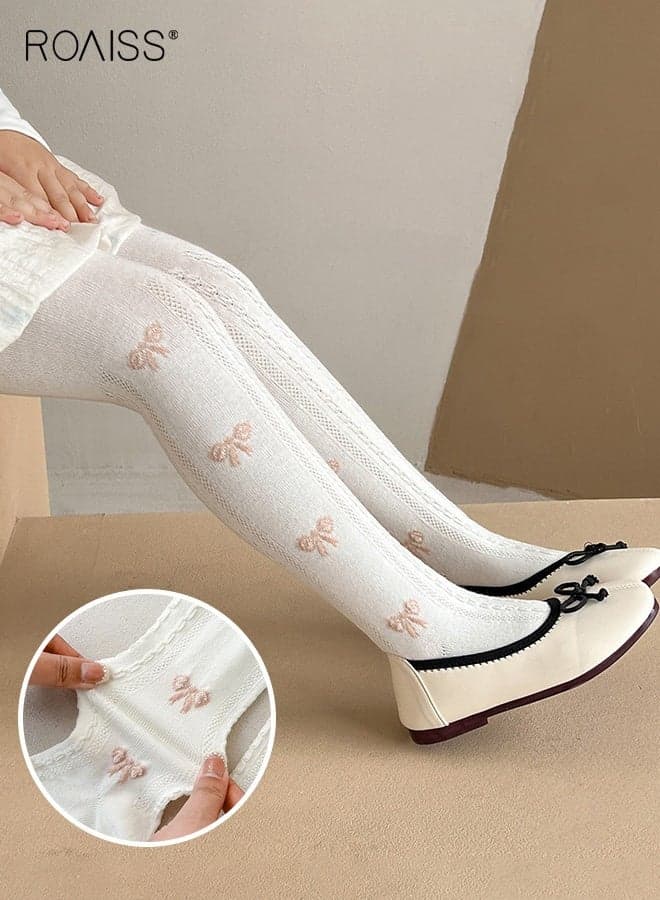 Girls Hollowed Footed Tights with Bowknot Embroidery, Versatile Pantyhose with Stretchy Flexible Fit, Comfortable Elastic Knit Leggings, Cozy Stockings for Girls, Easy to Pair with Clothes and Skirts