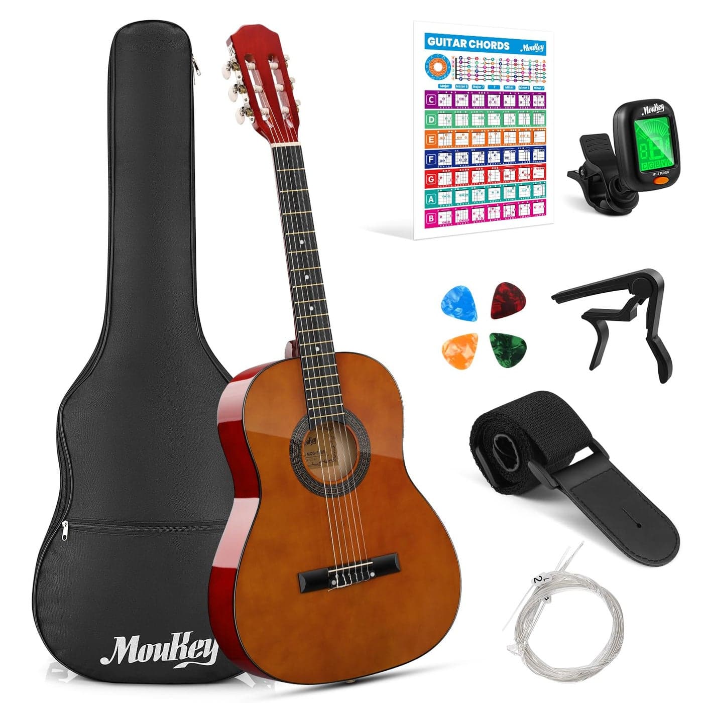 Moukey 36 Acoustic Guitar for Beginners Kids Youth 34 Size Dreadnought Travel Guitarra Acustica Kit with Chord Poster Gig Bag Tuner Picks Nylon Strings Capo Strap Brown