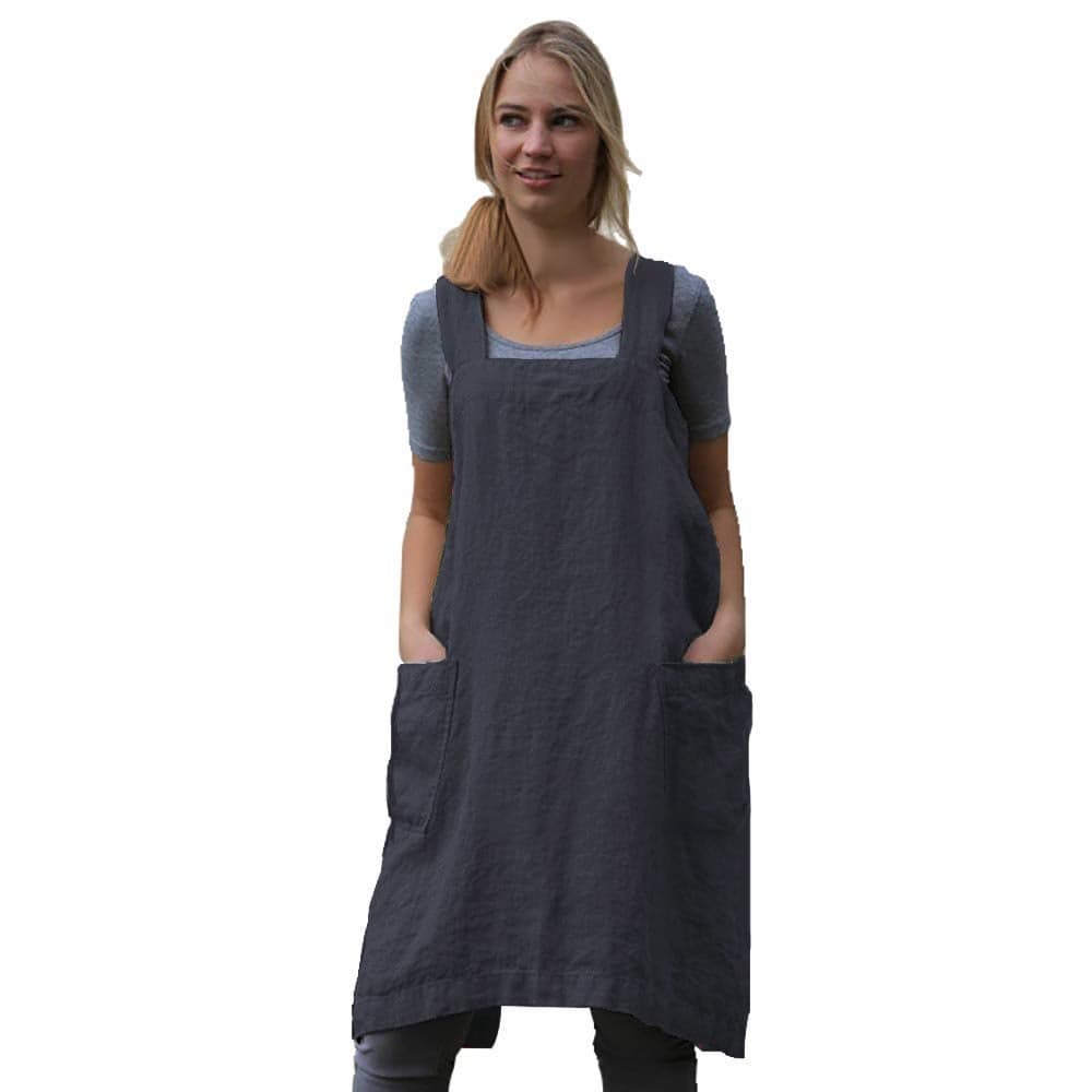 Larmliss Womens Pinafore Square Apron Baking Cooking Gardening Works Cross Back CottonLinen Blend Dress with 2 Pockets Dark GrayS