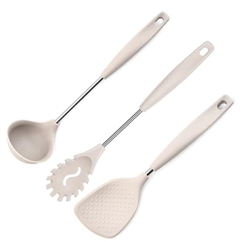 WOODTULA Silicone Ladle Slotted Spoon Pasta Server Spaghetti Spoon Non-Stick Rice Spoon Serving Spoon Silicone Spoon for Cooking Karandi Set Ladles for Cooking Kitchen Spoon Set (Set of 3, Cream)