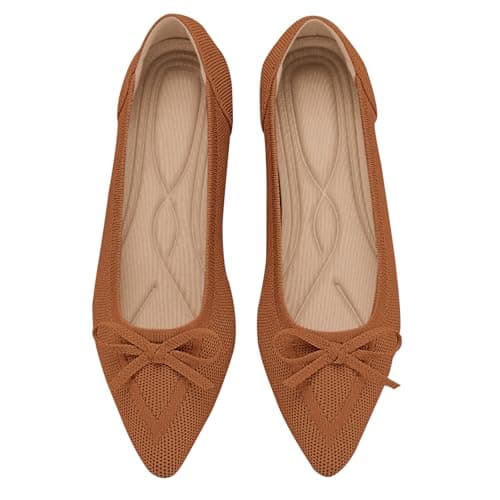 TINGRISE Womens Flats Pointed Toe Bow Knit Ballet Shoes Comfortable Dressy Mesh Slip On Flat Brown US85