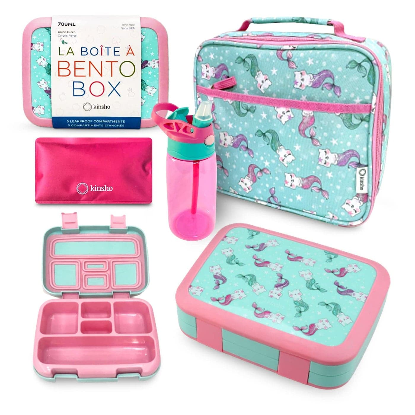 kinsho Bento Lunch Box Insulated Bag Water Bottle Ice Pack Set for Kids Toddlers Girls 5 Portion Sections Removable Tray PreSchool Toddler Daycare Lunches Snack Container Aqua Cat Mermaid