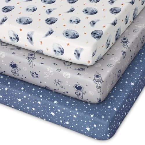 Unnivoll Pack and Play Sheets Fitted 3 Pack, Mini Crib Sheets for Pack N Play Mattress Stretchy Portable Playard Sheets, Soft Breathable Grey & Blue Moon