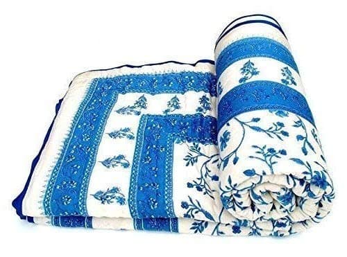 SVT Traditional Famous Jaipuri Beautiful Floral Print in White and Blue Jaipuri RajaiRazaiQuilt SingleSingle Bed QuiltComforterAC QuiltAC Comforter