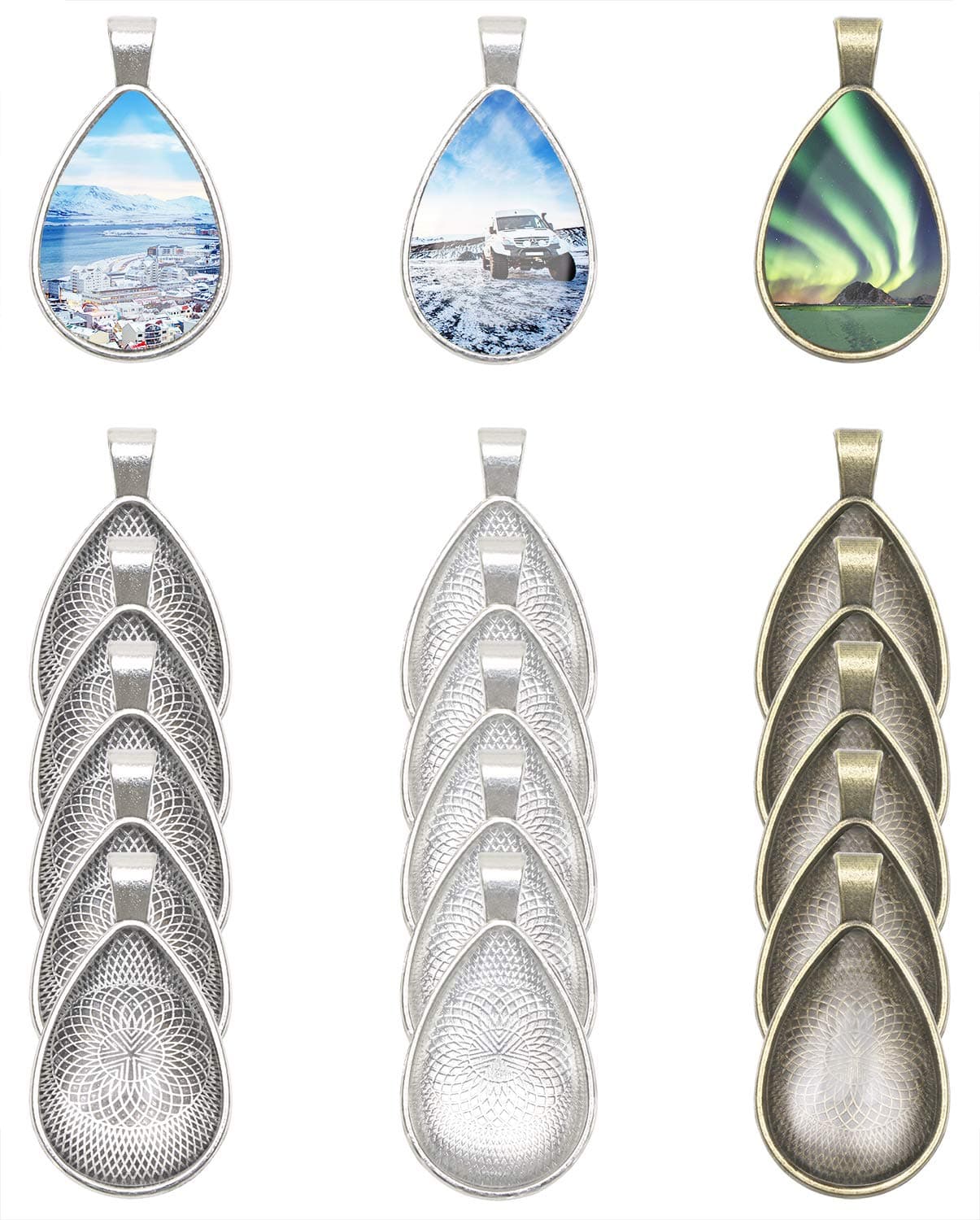 PENTA ANGEL 15Pcs 3 Colors Teardrop Bezel Pendant Trays Bezel Setting Trays with 15Pcs Clear Glass Dome Cabochon for DIY Craft Photo Jewelry Making (Teardrop-30Pcs)