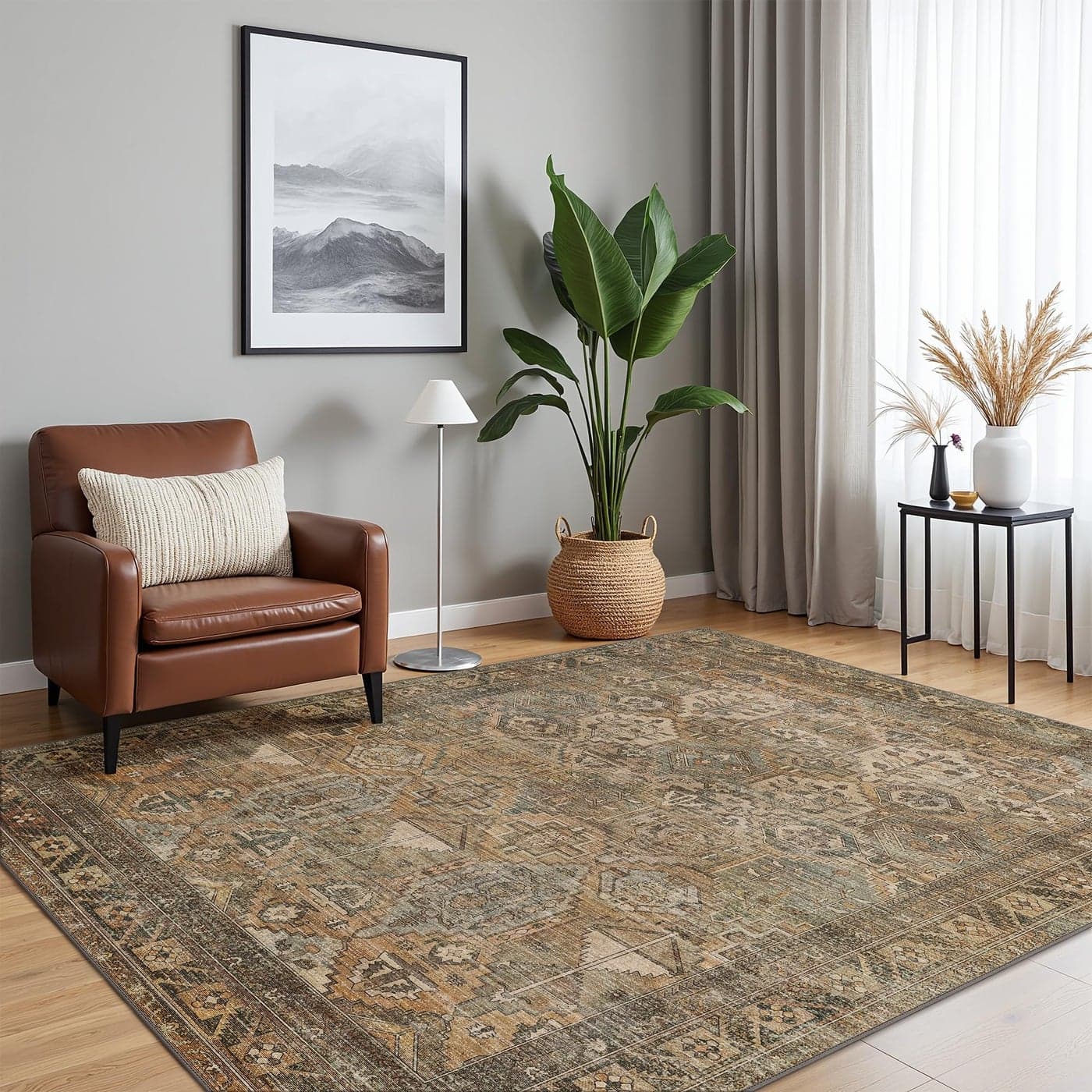 Bavni Washable Rug 3x5 Area Rug for Living Room Bedroom Dining Washable Vintage Print Carpet UltraThin Chenille Low Pile Lightweight Rug with Non Slip Backing Warm Taupe