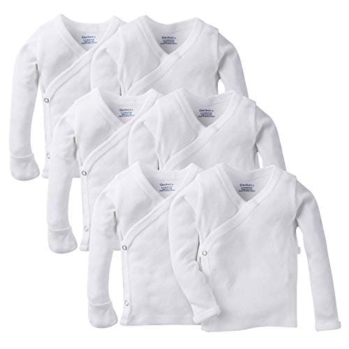 Gerber Baby 6-Pack Long-Sleeve Side-Snap Mitten-Cuff Shirt, white, 0-3 Months