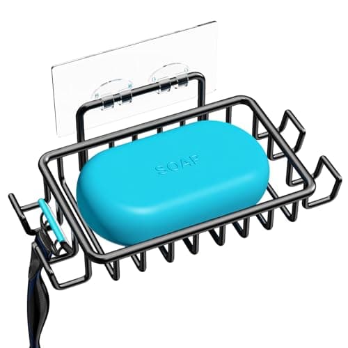 Nieifi Soap Dish Holder with 4 Hooks Stainless Steel Black Adhesive for Shower Bathroom