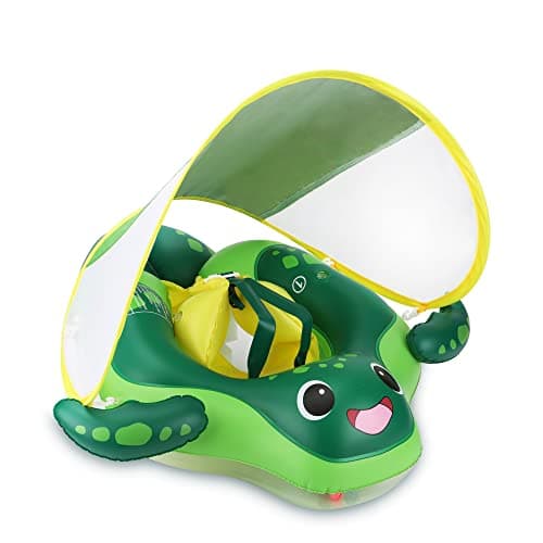 Sloosh Baby Swimming Floats with Removable Sun Canopy, Inflatable Baby Pool Float, Sea Turtle Design Infant Swim Float Ring Swimming Pool Accessories for Age 6-36 Months(L)