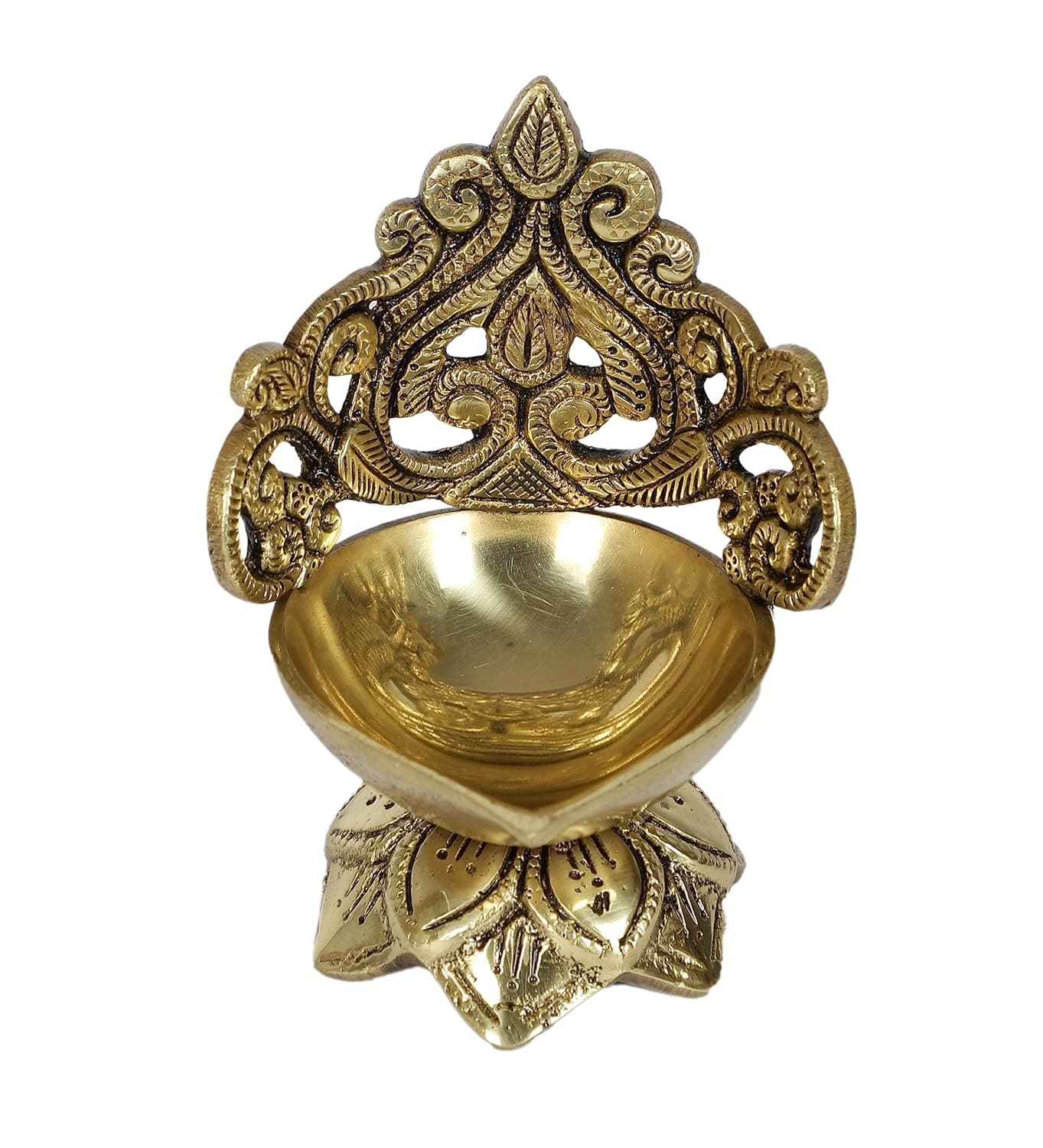 Two Moustaches Ethnic Carved Floral Design 5 Inches Brass Diya Brass Diyas for Home Temple Brass Diya for Puja Standard Pack of 1