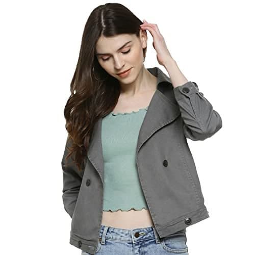Campus Sutra Women’s Grey Dry-Washed Denim Cotton Jacket Regular Fit For Casual Wear, Collared Neck, Double-Breasted,Crafted With Comfort Fit & For Everyday Wear