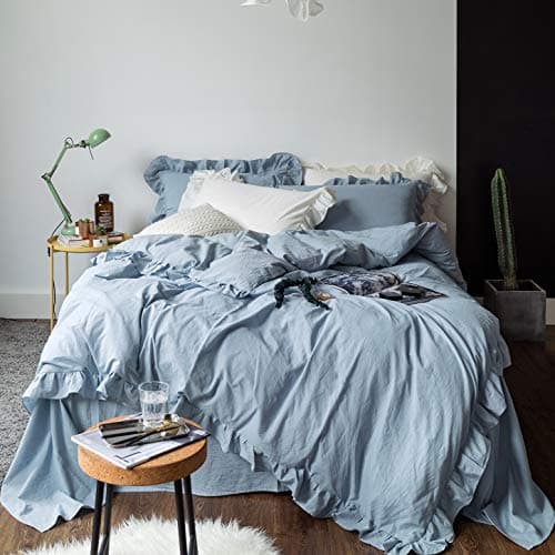 SUSYBAO Blue Ruffled Duvet Cover King 100% Washed Cotton 3 Pieces Set 1 Vintage Ruffle Duvet Cover with Zipper Ties 2 Pillow Shams Farmhouse Soft Shabby Chic Bedding Set Breathable