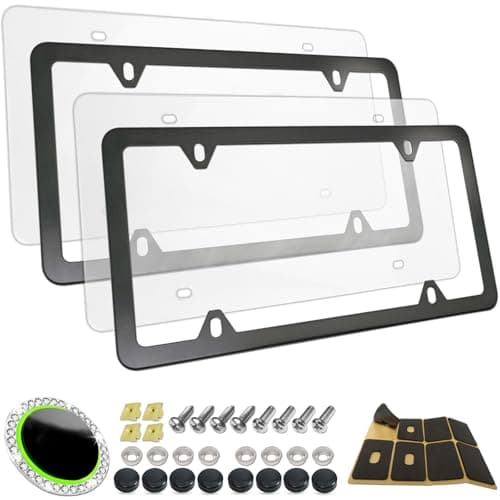 RCKJNJ Clear License Plate Frames Covers- 2 Pack Flat Car Tag Protector and Black Aluminum Holder, Road Legal Unbreakable Acrylic Protective Shield with Screws Caps for Front Rear