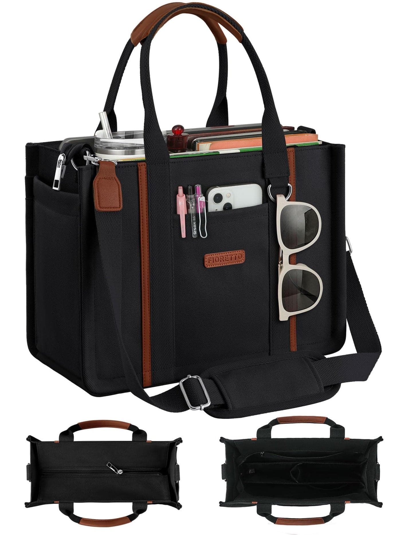 FIORETTO Canvas Tote Bag Purse for Women with Zipper, Multiple Compartments, bottle holder & Reinforced Bottom, Perfect for Nurses & Teachers for Work, Bible Study, Travel & Daily Use Black M