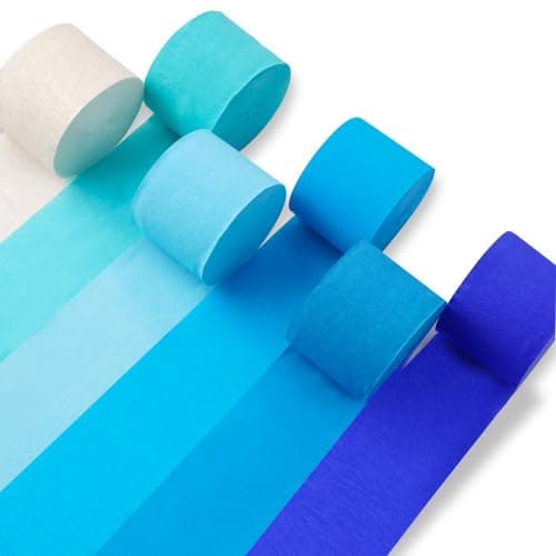 PartyWoo Blue and White Crepe Paper Streamers 6pcs 492ft Pack of Light Sky Blue Green Pearl White Crepe Paper Streamers for Birthday Gender Reveal Baby Shower Pool Under The Sea Party Decorations