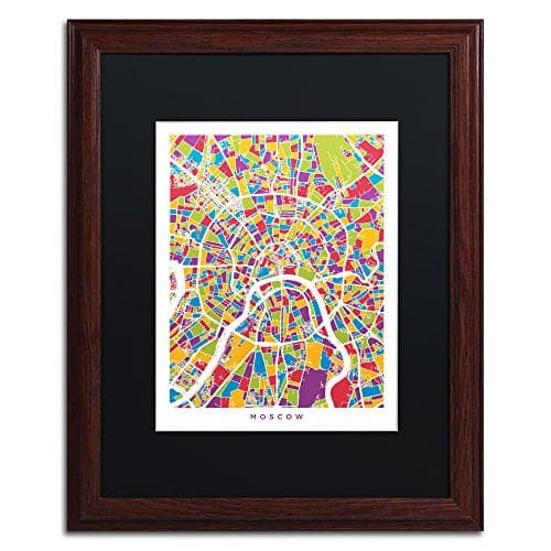 Trademark Fine Art Moscow City Street Map II by Michael Tompsett in Black Matte and Wood Framed Artwork, 16 by 20"