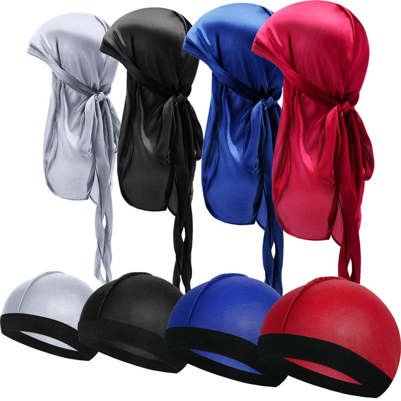 8 Pieces Silky Durag Caps Elastic Wave Cap Long Tail Headwraps Wide Straps Waves, Red, Grey, Black, Royal Blue, L
