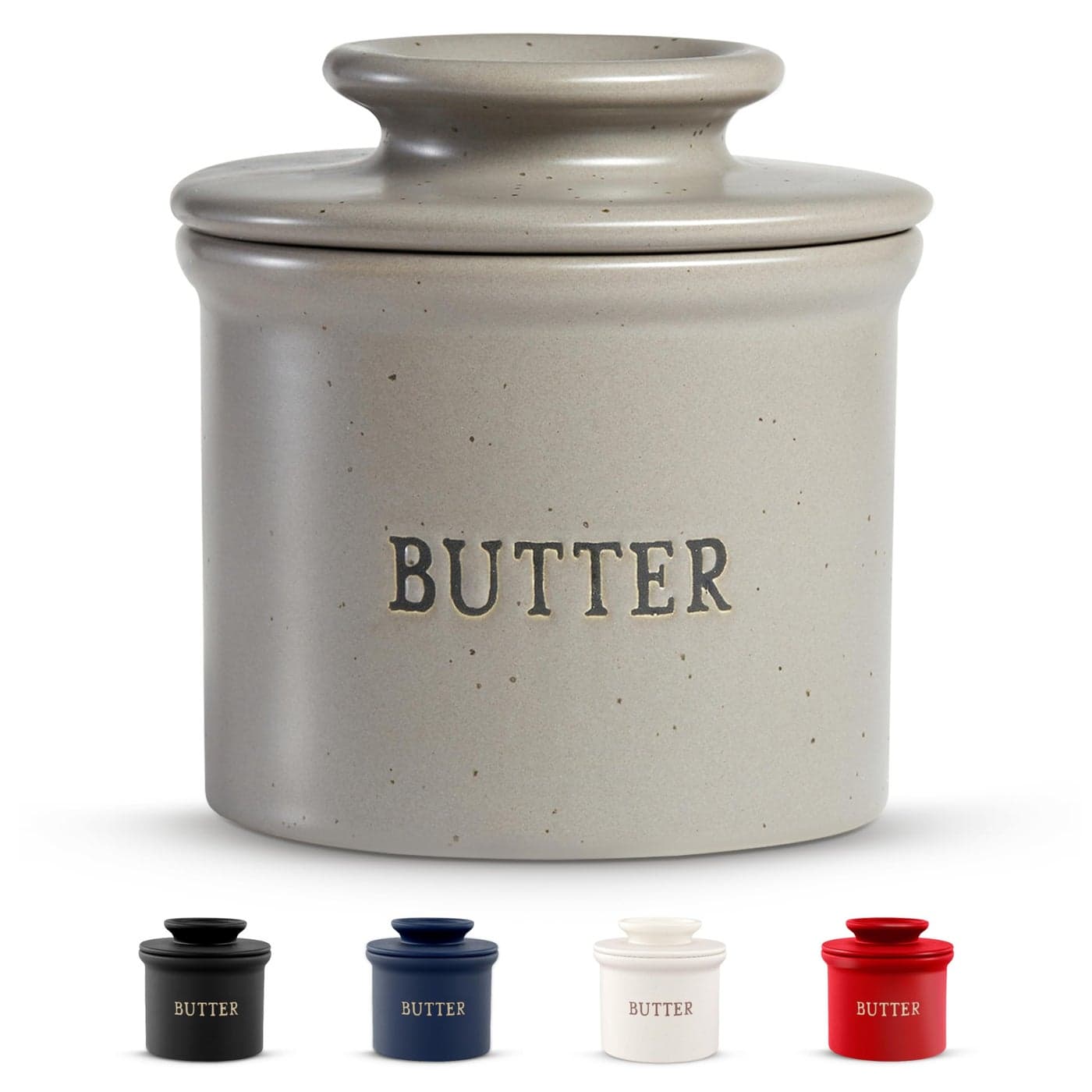 Kook Butter Keeper Dish French Ceramic Crock For Counter With Lid Embossed Container For Soft Butter Home and Kitchen Decor Matte Speckled Grey
