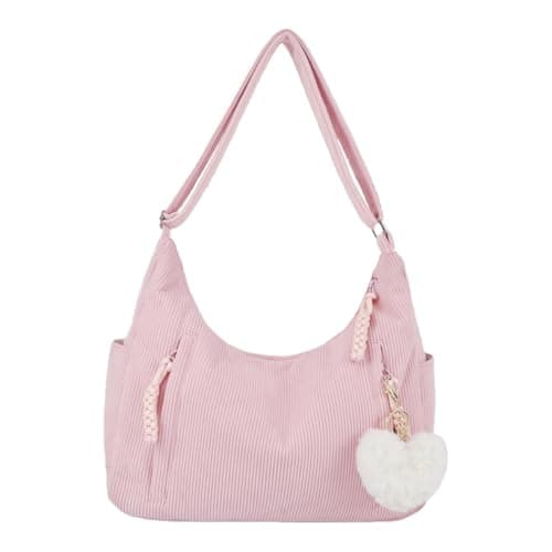 PALAY® Corduroy Hobo Bag for Women Pink Shoulder Bag Adjustable Shoulder Strap Multi Pockets Zipper Casual Hobo Sweetly Stylish Charm Soft Tote