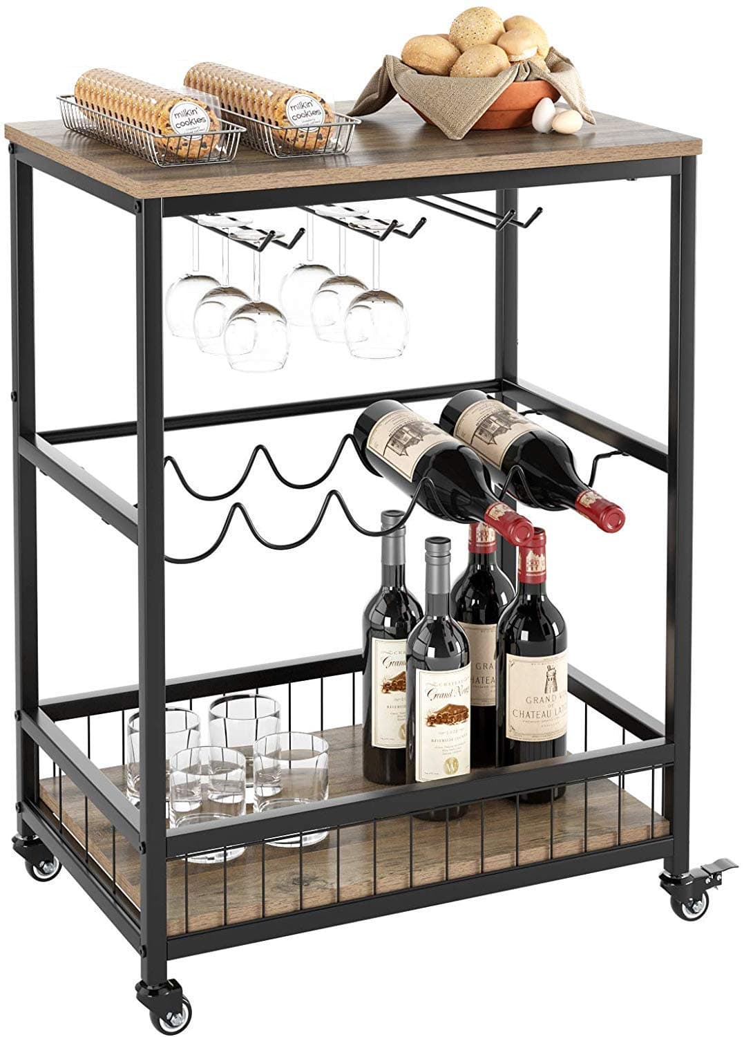 Indian Decor 45227 Bar Serving Cart Table Kitchen Wine Storage Cart with Wine RackGlass Holder Serving Trolley with Lockable Wheels for Home Black