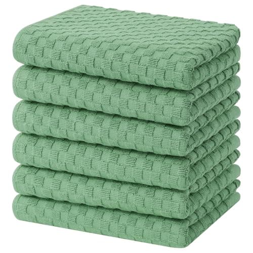Homaxy 100% Cotton Terry Kitchen Towels(15" x 25", 6 Pack), Soft and Super Absorbent Dish Towels, 380 GSM Reusable Tea Towel with Hanging Loop, Pineapple Grid Designed, Grass Green