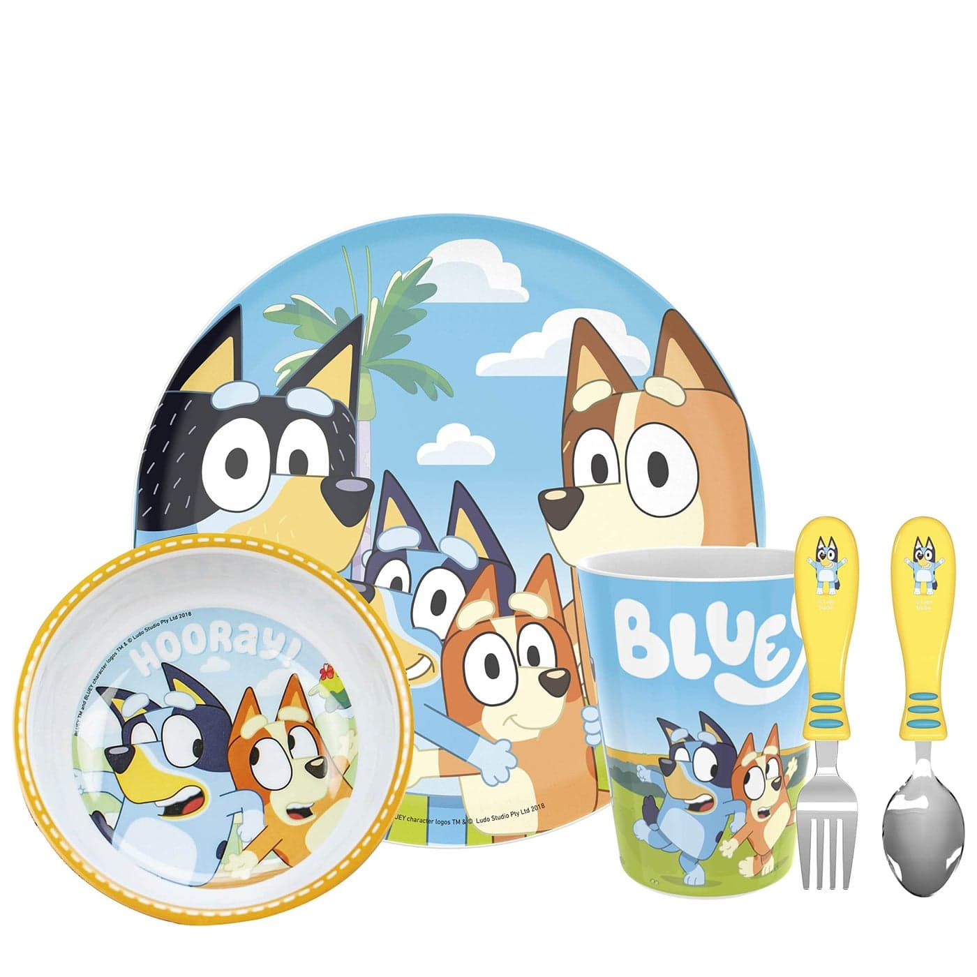 zak! 5-Piece Dinnerware Set, Bluey - Durable Plastic & Stainless Steel - Includes Tumbler, 8-Inch Plate, 6-Inch Bowl, Fork & Spoon - Suitable for Kids Ages 3+