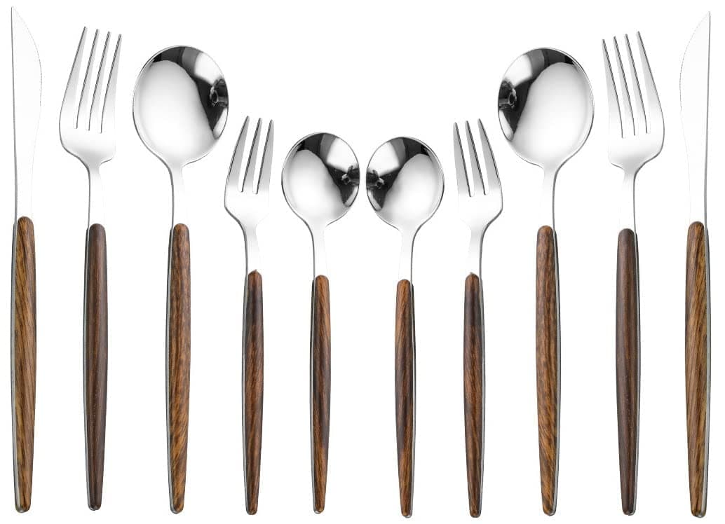 WHISKET Matte Silver Silverware Set with Brown Handle Stainless Steel Cutlery Flatware Set Kitchen Utensil Sets Tableware with Knife Spoons and Forks Set 20