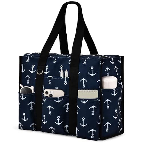 Becokan Large Tote Bag for Women Waterproof with 12 Pockets Top Zipper Closure Utility Teacher Nurse Bags for Work School