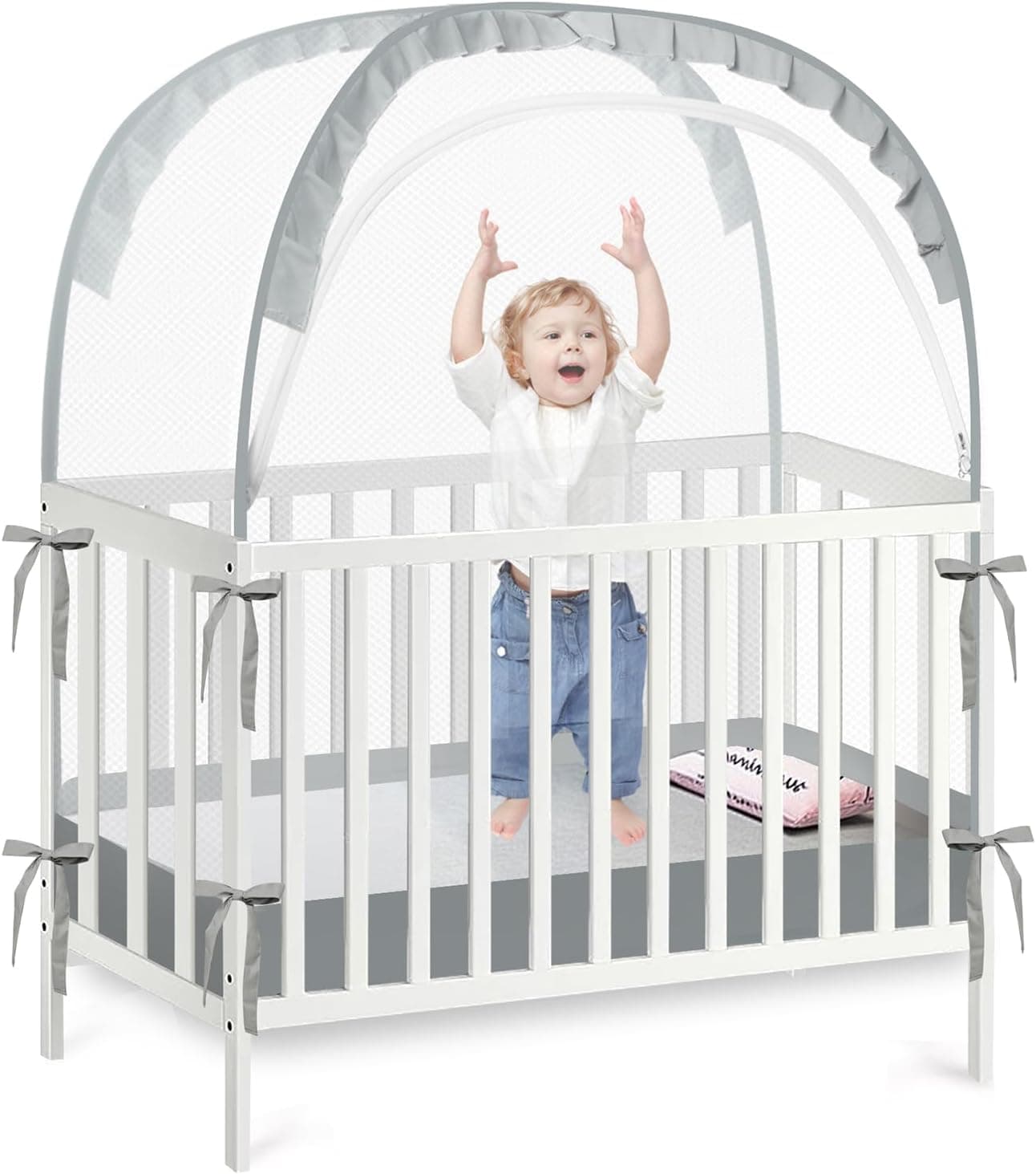 PandaEar Pop Up Crib Tent to Keep Baby from Climbing Out Breathable Crib Net Mesh Canopy Babies Crib Cover with Zipper Easy Installation