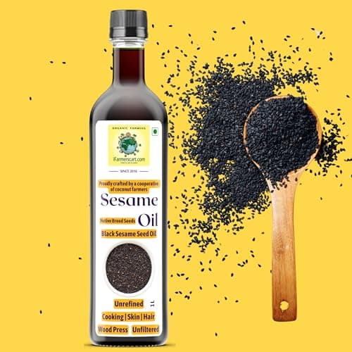 iFarmerscart Wood Pressed Sesame Gingelly Oil - 1L Glass Bottle - 100% Pure Cold Pressed | Grade A Native Breed Tamil Nadu Seeds, Unfiltered & Unrefined, Kolhu Kachi Ghani, Cooking, Skin, Hair & Body
