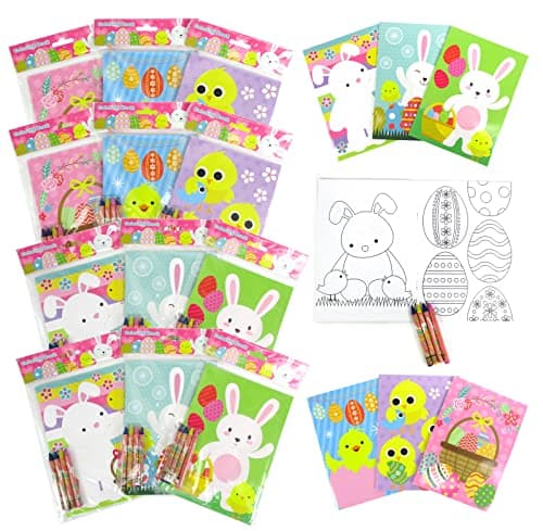 TINYMILLS Easter Coloring Books with Party Favors with 12 Books and 48 CrayonsEaster Prizes Favor Bag Easter Basket Filler