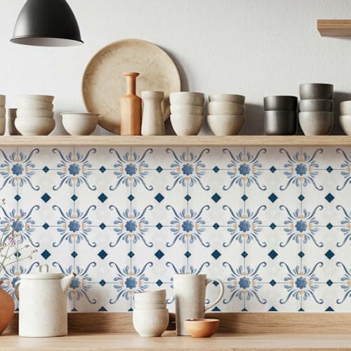 MEIHEA 16 Pack, 5.9 Inch Blue and Gold Tile Decals, French Country Watercolor Vinyl for Backsplash, Stairs & Furniture
