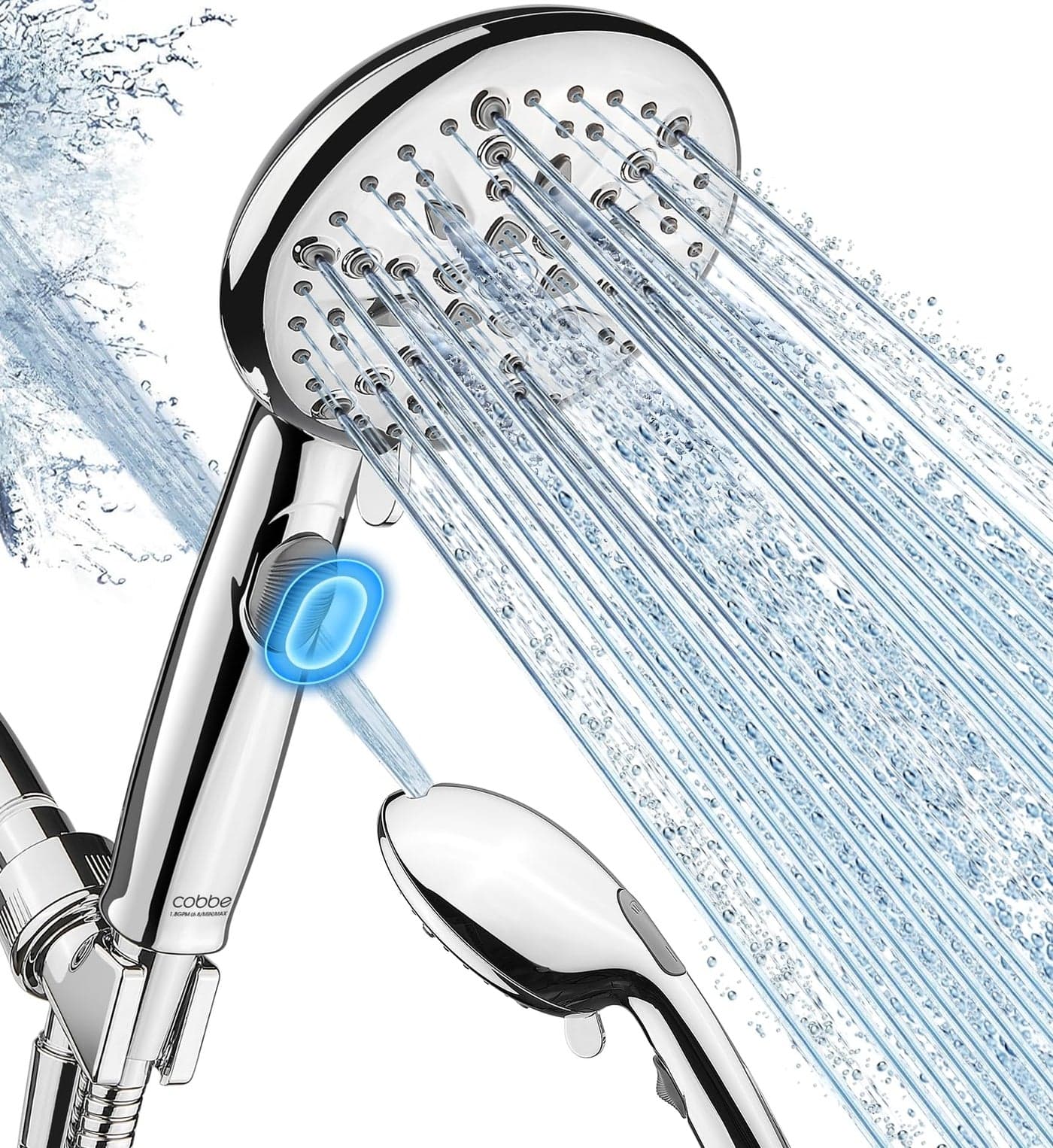 Cobbe High Pressure Shower Head with Builtin Pause Button 9Function Detachable Showerhead with Handheld Brass Swivel Bracket Stainless Steel Hose Water Saving 1Click Stop Chrome