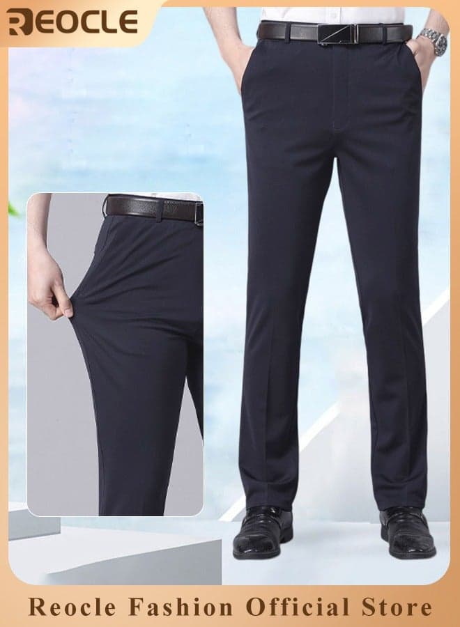 Men's Pant Classic Slim-Fit Flat-Front Suit Pant Gentleman Anti-wrinkle Suit Pants Summer Thin Trousers Loose Straight Fit Trousers