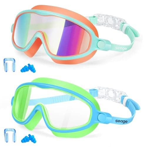 Kids Goggles for Swimming 2 Pack No Leaking AntiFog Outer Eye Fit with Wide View UV Protection Crystal Clear Watertight Swim Goggles with nose cover Suitable for Children Youth Boys Girls Age 3 to 14