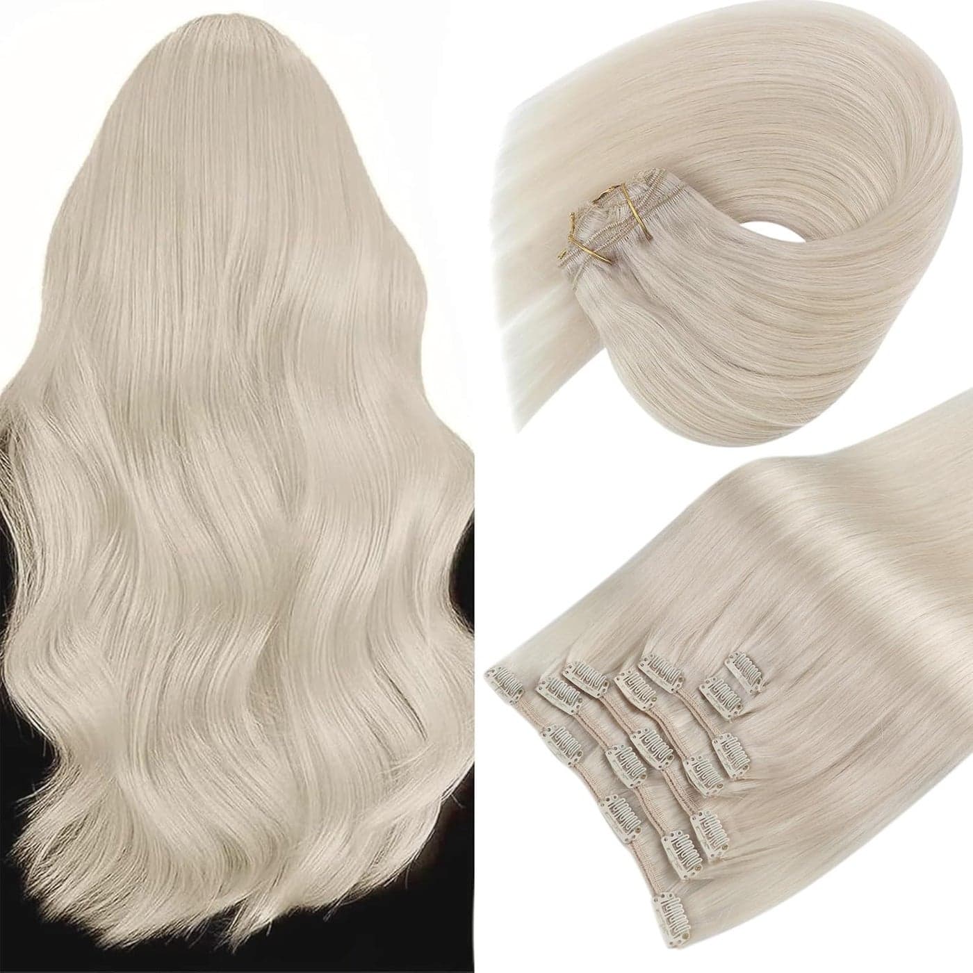 Sunny Hair Clip in Hair Extensions Straight Human Hair Clip in Extensions Remy Clip in Hair Extensions Real Human Hair Extensions Clip ins Platinum Blonde White Color 14inch