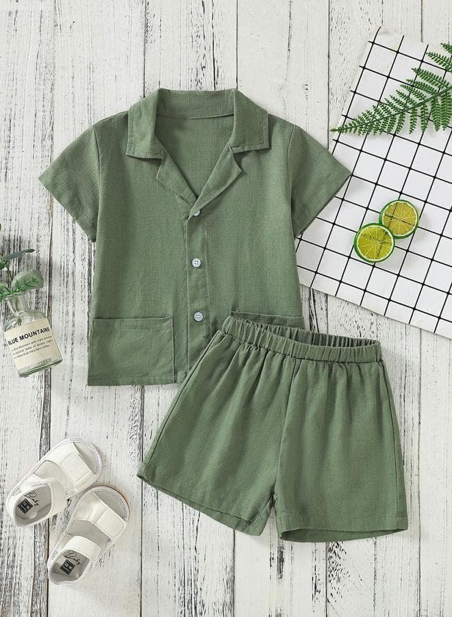 Boys Green Linen-Look Shirt And Shorts Set