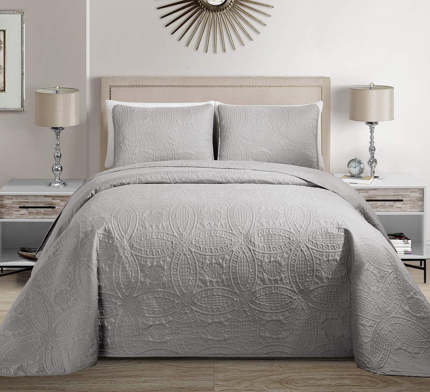 Fancy Collection Embossed Coverlet Bedspread Over Size Set Solid # Austin (Silver, King/California King)