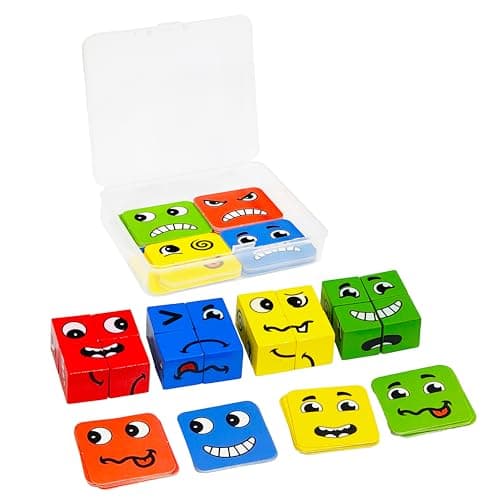 VGRASSP 16 Pcs Face Changing Wooden Blocks Puzzle Toy for Kids with 64 Funny Face Cards - Creative Puzzle with Mix-and-Match Expressions - Educational Brain Teaser - Multicolor