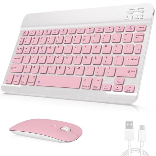Rechargeable Bluetooth Keyboard and Mouse Combo Universal UltraSlim Wireless Keyboard Mouse Set for Android Windows iPad iPhone Samsung Tablet Portable Compact Keyboard Set Pink