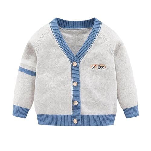 Fnaobai Toddler Baby Boys Cardigan Little Boys V-Neck Cotton Sweater Kids Long Sleeve Jacket Knit Button Up for Fall Winter Grey