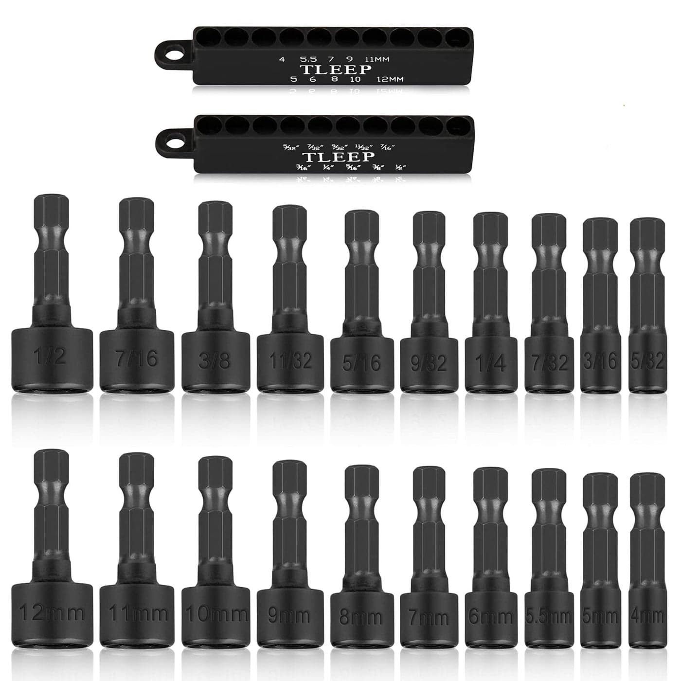 TLEEP 20 x Power Nut Driver Set for Impact Drill SAE and Metric 14 Hex Head Drill Bit Set Screwdriver Socket Set Chrome Vanadium Steel Quick Change Chuck Socket Wrench Screw Impact Nutsetter
