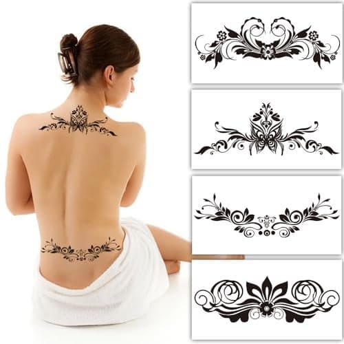 S.A.V.I 4 Sheets Sexy Temporary Tattoos for Women - Chest, Neck & Lower Back Body Art - Long-lasting, Waterproof, Easy to Apply & Remove - 16x8.5 cm Each Sheet - Perfect for Parties & Events