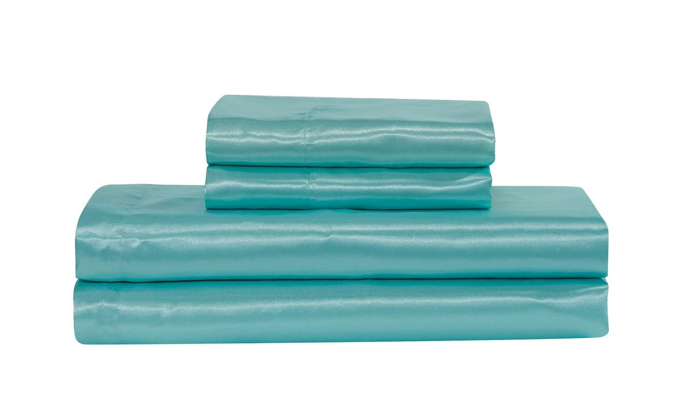 Mk Collection Soft Silky Satin Solid Color Deep Pocket Sheet Set Aqua Blue Full