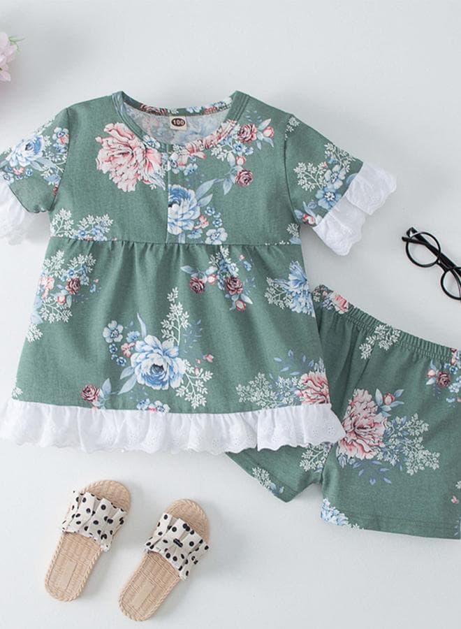 Girls Green Floral Print Top And Shorts Pyjama Set