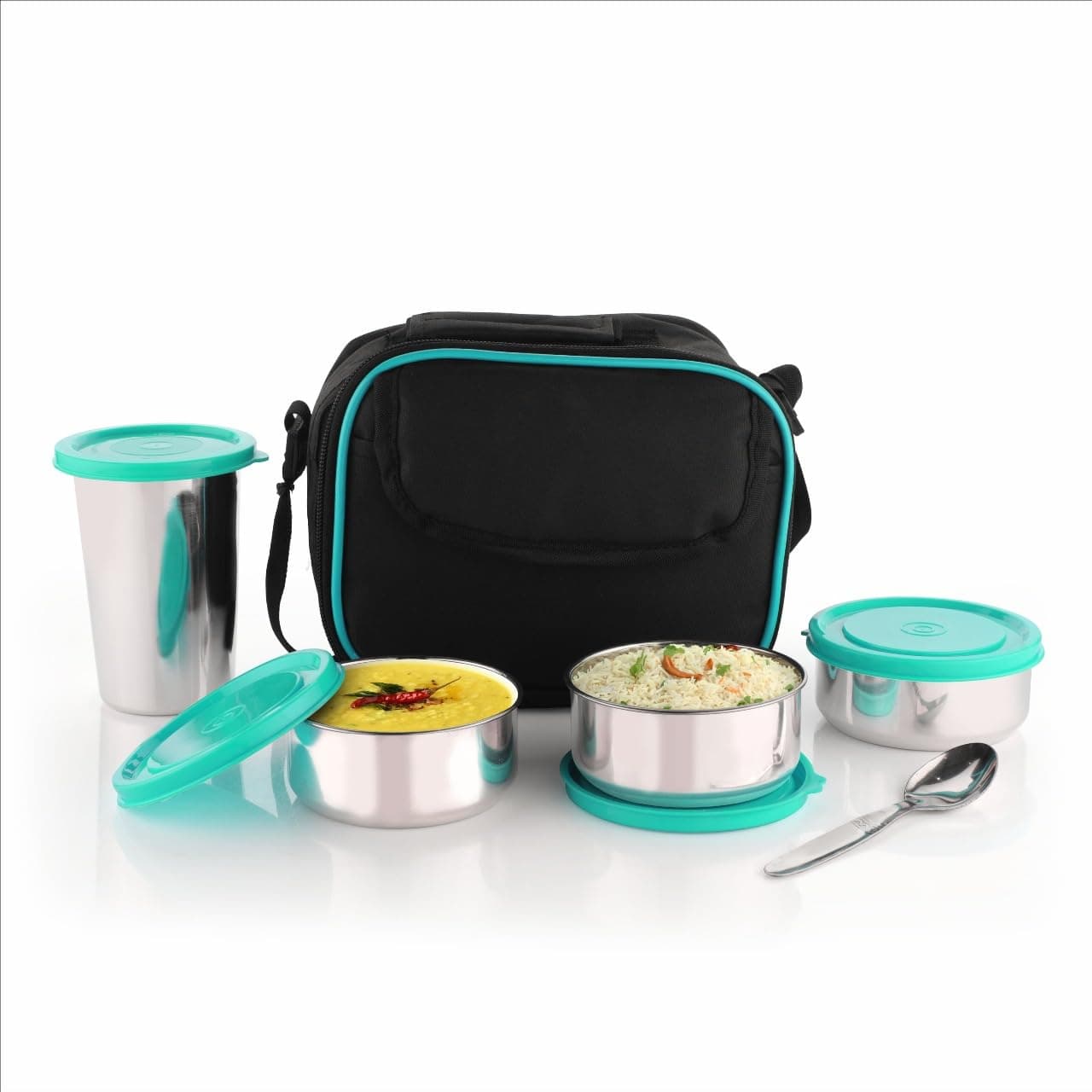 Rn Store Premium Lunch Box and Bottle 3 Stainless Steel Containers Steel Spoon Insulated Bag Leak Proof Microwave Safe Easy to Carry for SchoolOfficeTravel Green