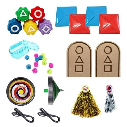 Korean Squid Traditional Play Game 5 Piece Set - Ddakji, Flying-Stone(Biseokchigi), Gong-gi, Spinning-Top(Paeng-y), Jegi