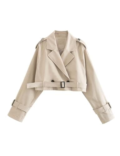 Xiaoxuemeng Womens Cropped Bike Jacket Casual Double Breasted Trench Coat with Belt BeigeM